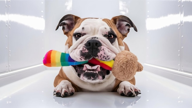 Bulldog with pet toy on white background
