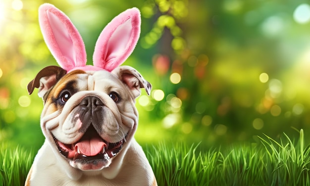 Bulldog with pink bunny ears in springtime