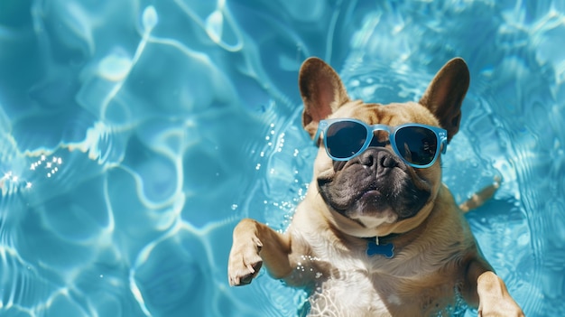 Bulldog with sunglasses on swimming pool Pet in summer vacation concept