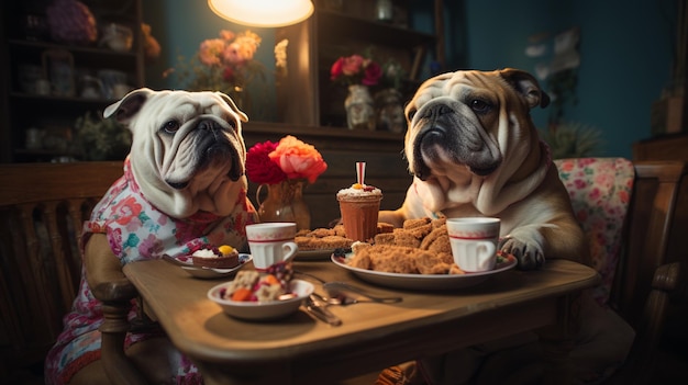 Foto bulldog seduti su una sedia e mangiando cibo