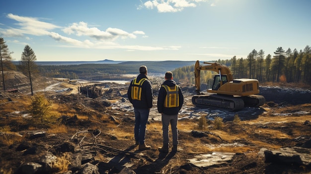 A bulldozer and a construction engineer standing in front of bulldozer