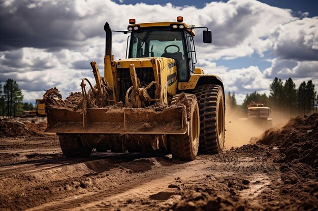 Bulldozer die de grond nivelleert voor de wegbouw Beste foto van Bulldozer