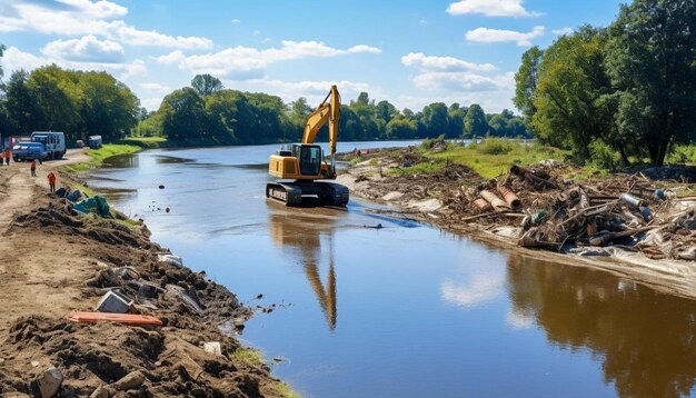 a bulldozer is working on a riverbank