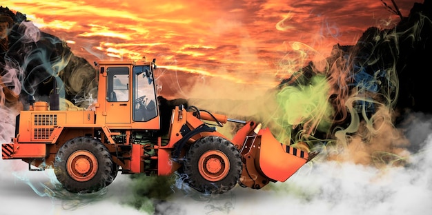 Bulldozer of lader op een bouwplaats werken in rook of mist Krachtige wiellader of bulldozer met een grote bak Ingewikkeld bouwwerk Bouwmaterieel voor grondwerken