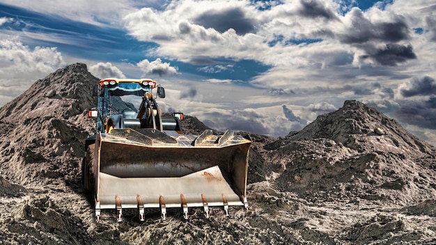 Foto bulldozer of lader schept berggrond op een hoop krachtige wiellader of bulldozer met een grote bak op een bouwplaats verhuur van bouwmachines