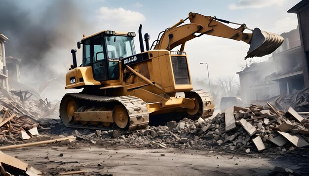 Foto un bulldozer che spinge da parte le macerie in un luogo di disastro, liberando un percorso per gli sforzi di soccorso