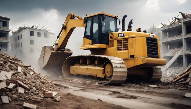 a bulldozer pushing aside rubble at a disaster site clearing a path for rescue efforts