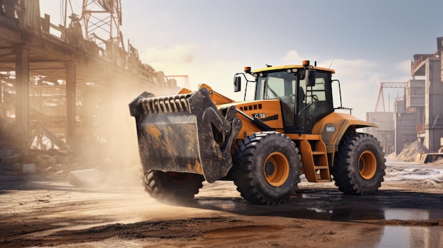 Bulldozer rijdt door de bouwplaats