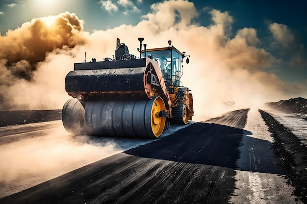 A bulldozer on a road with a cloudy sky in the background