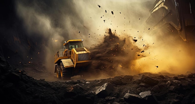 a bulldozer scooping up coal dust on the ground in the style of modular construction