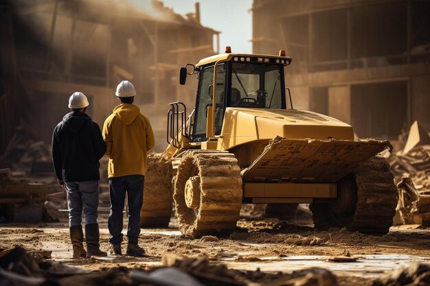 Bulldozer with construction worker consulting blueprints Best Bulldozer image