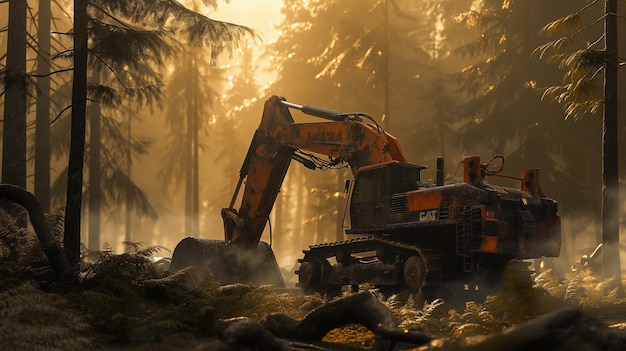 a bulldozer in the woods with the word  on it