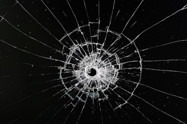 bullet hole on glass black background for overlay, transparent window