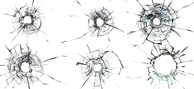 Bullet holes and cracks on white glass background