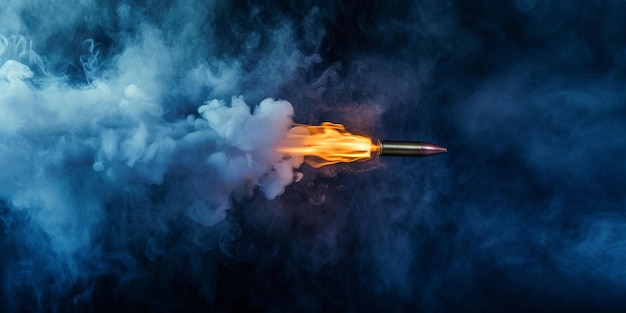 bullet is shot in the air with a glowing flame slow motion on blue background