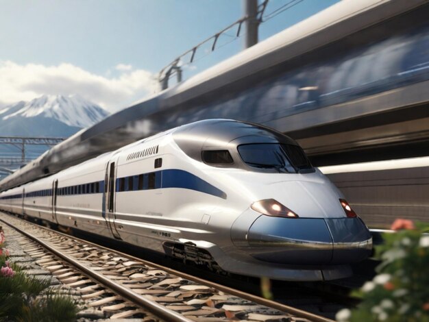 a bullet train is going down the tracks with mountains in the background