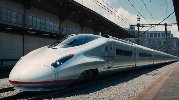 Photo a bullet train is on the tracks in front of a building