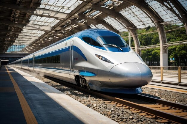 Photo bullet train speeding on tracks with mountains