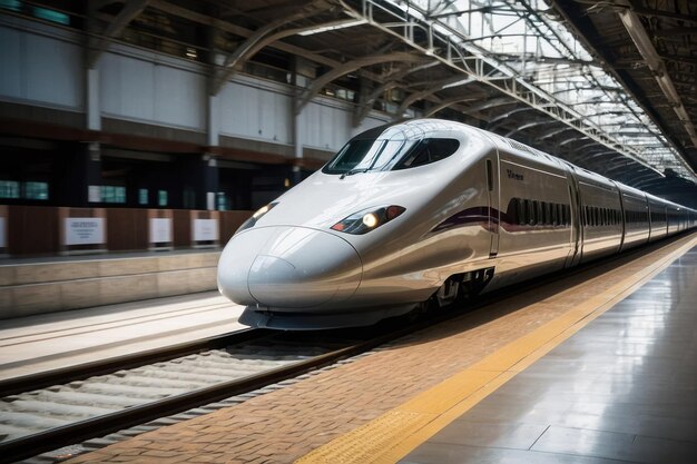 Bullet train speeding on tracks with mountains