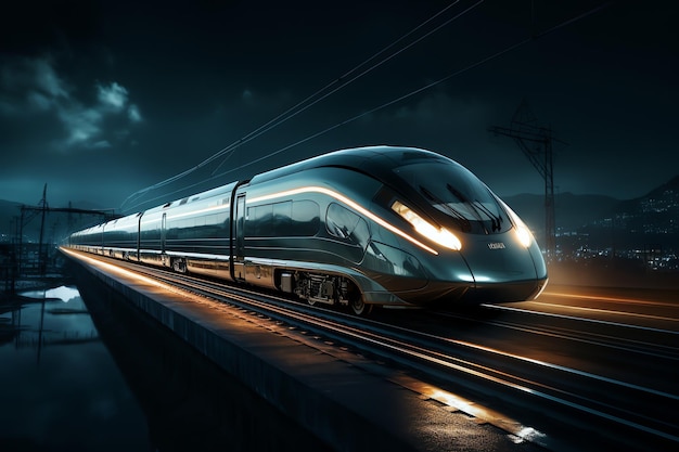 A bullet train on the tracks in the night