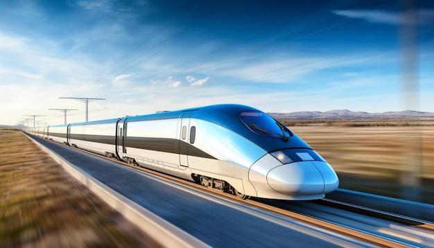 a bullet train with a blue and black stripe running down the track