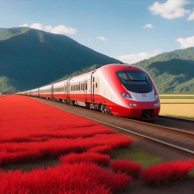 bullet train with rice terrace background