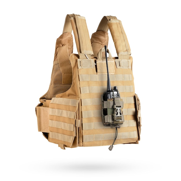 Photo bulletproof vest with tactical pouch in multicam camouflage with military radio inside military gear equipment