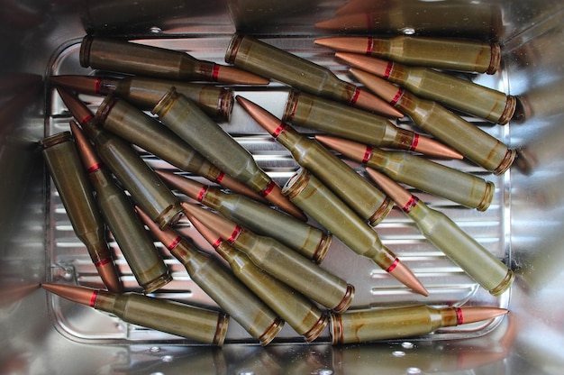 Bullets Scattered In A Metal Box Top View HiRes Stock Photo