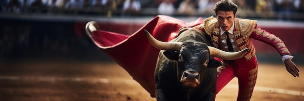 Photo bullfighter with a bull in the matador arena generative ai