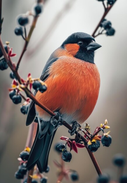 Bullfinch sits on a branch in its natural habitat