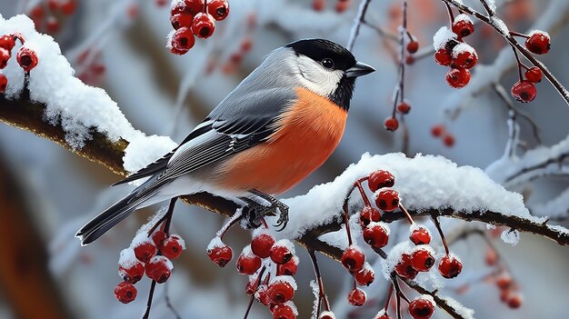 bullfinch on a snow covered mountain ash