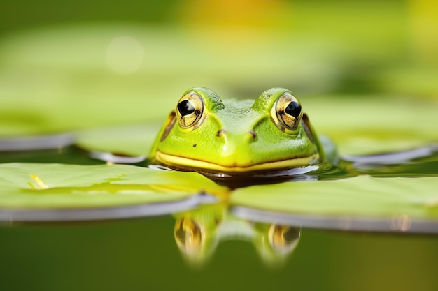 A bullfrog sitting on a lily pad in a serene pond