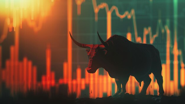 bullish bull silhouette against a stock market graph in the background