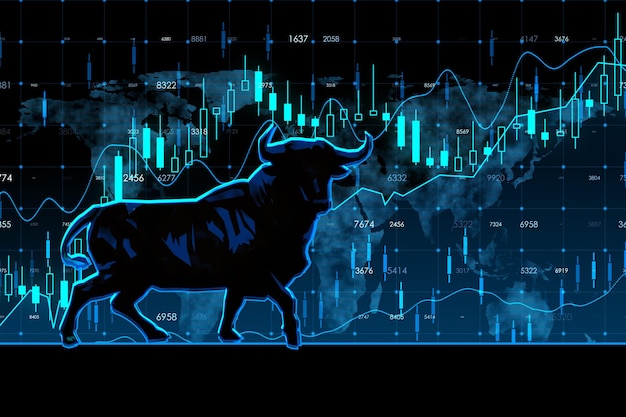 bullish market and forex exchange growth concept with dark bull symbol on abstract digital background with financial chart candlestick and diagram 3d rendering
