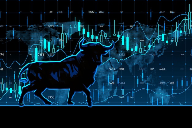 Бычий рынок и концепция роста форекс с символом темного быка на абстрактном цифровом фоне с подсвечником финансового графика и диаграммой 3D рендеринга
