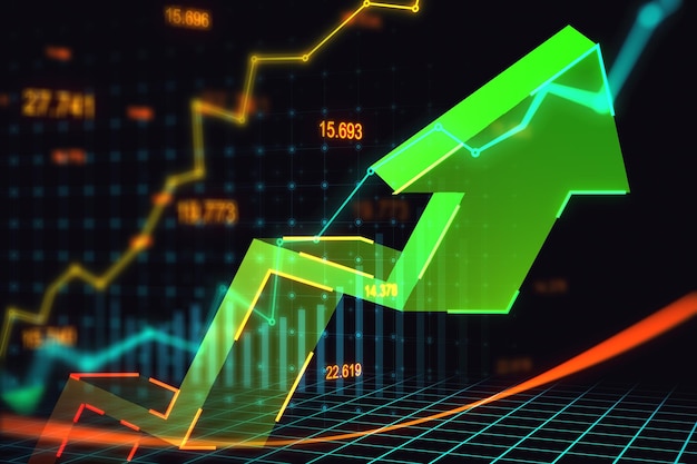 통계 표시기 3D 렌더링을 사용하여 어두운 기술 제곱 배경에서 녹색 화살표가 상승하는 디지털 그래픽에 대한 원근감 있는 시장 및 거래 개념