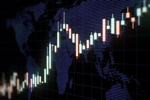 青の世界地図等高線 3 D レンダリングと暗い背景に取引チャート デジタル ローソク足の成長の分析観点ビューと強気の株式市場の概念