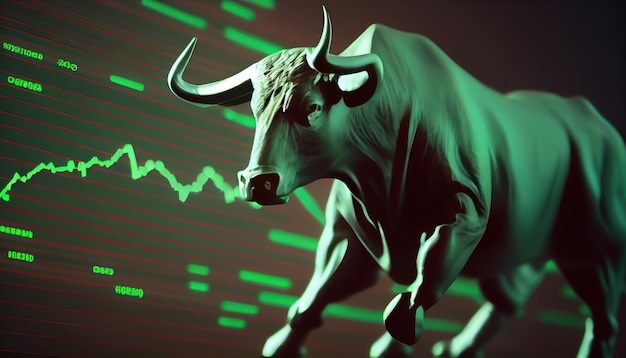 Bullish symbols on stock market illustration Forex or commodity charts on abstract background The symbol of bull