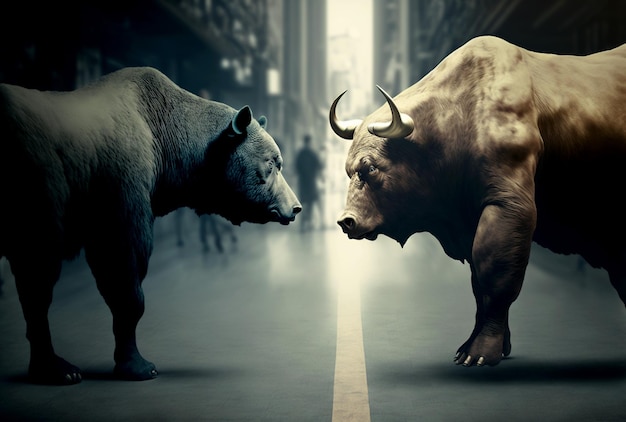 Bullish vs bearish investment portfolio bull against bear ups and downs at investment market Bull and bear trend together