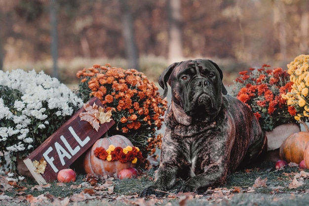 Bullmastiff dog on outdoors on a background of autumn colors lettering fall apples and other autum