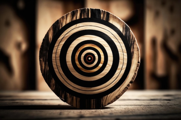 Bulls eye target of business made of wood with black center on blurry background generative ai