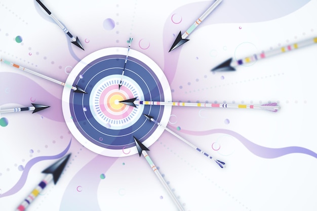 Bulls eye target with arrows on light wallpaper Targeting and aim concept 3D Rendering