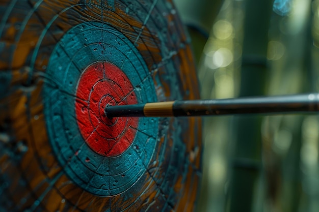 Photo bullseye achievement arrow hitting the target center amidst nature