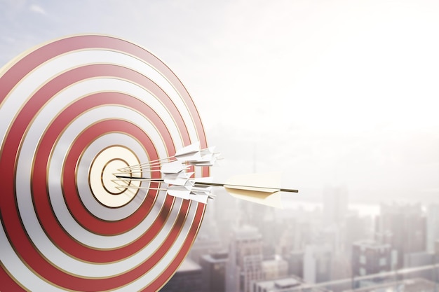 Bullseye with arrow on creative sky and city background with mock up place Strategy and target concept 3D Rendering