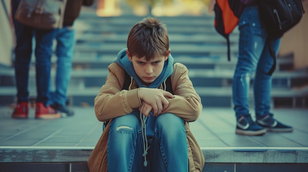 Foto concetto di bullismo studente triste isolato a scuola