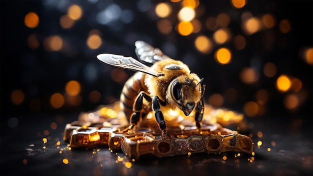 Photo bumblebee on honey comb hive with bokeh light effect and black background