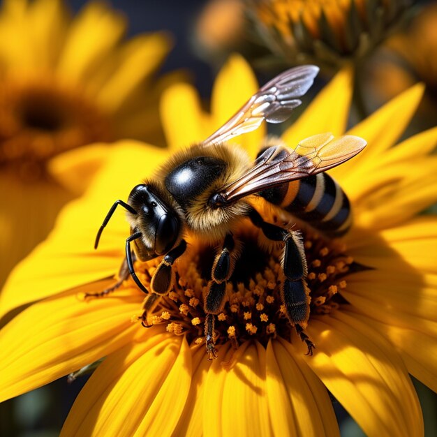 Bumblebee on vibrant sunflower close up capturing natures pollination moment for social media post