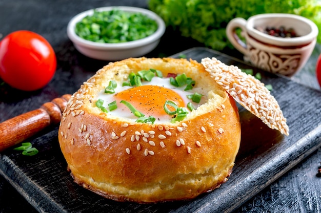 Bun stuffed with egg fresh herbs on a black background The concept of breakfast recipes from eggs