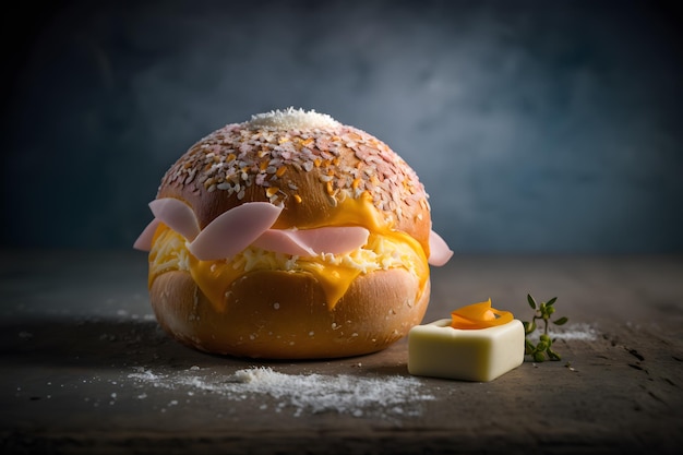 A bun with cheese and ham on it