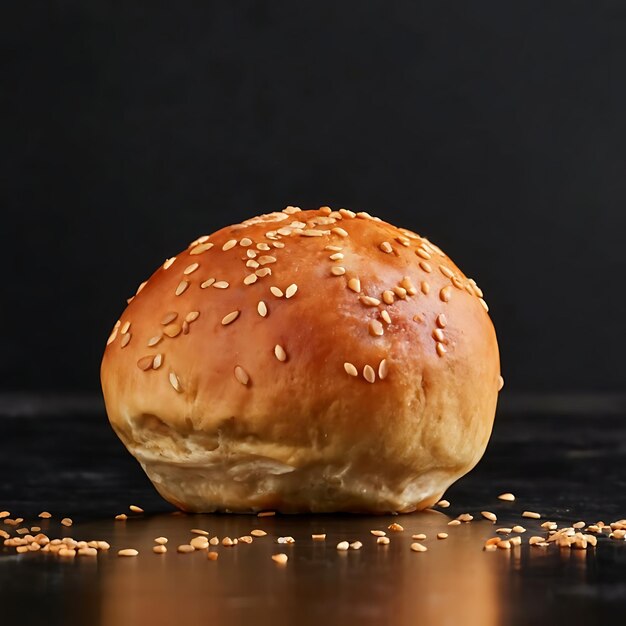 Photo bun with sesame seeds on a black background with water drops